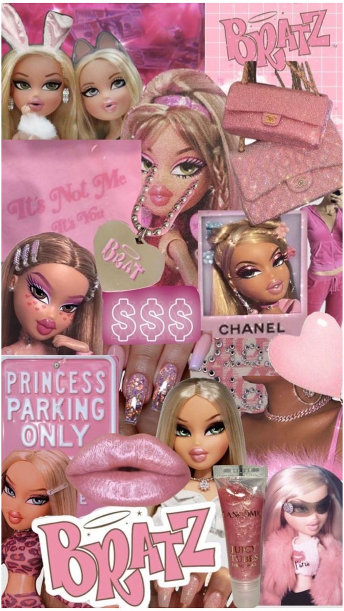 a collage of barbie dolls with pink hair and make - up on it's face