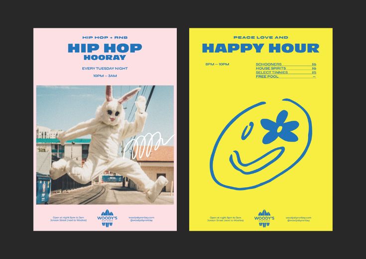 two posters for hip hop hooray, one with a cat and the other with a smiley face