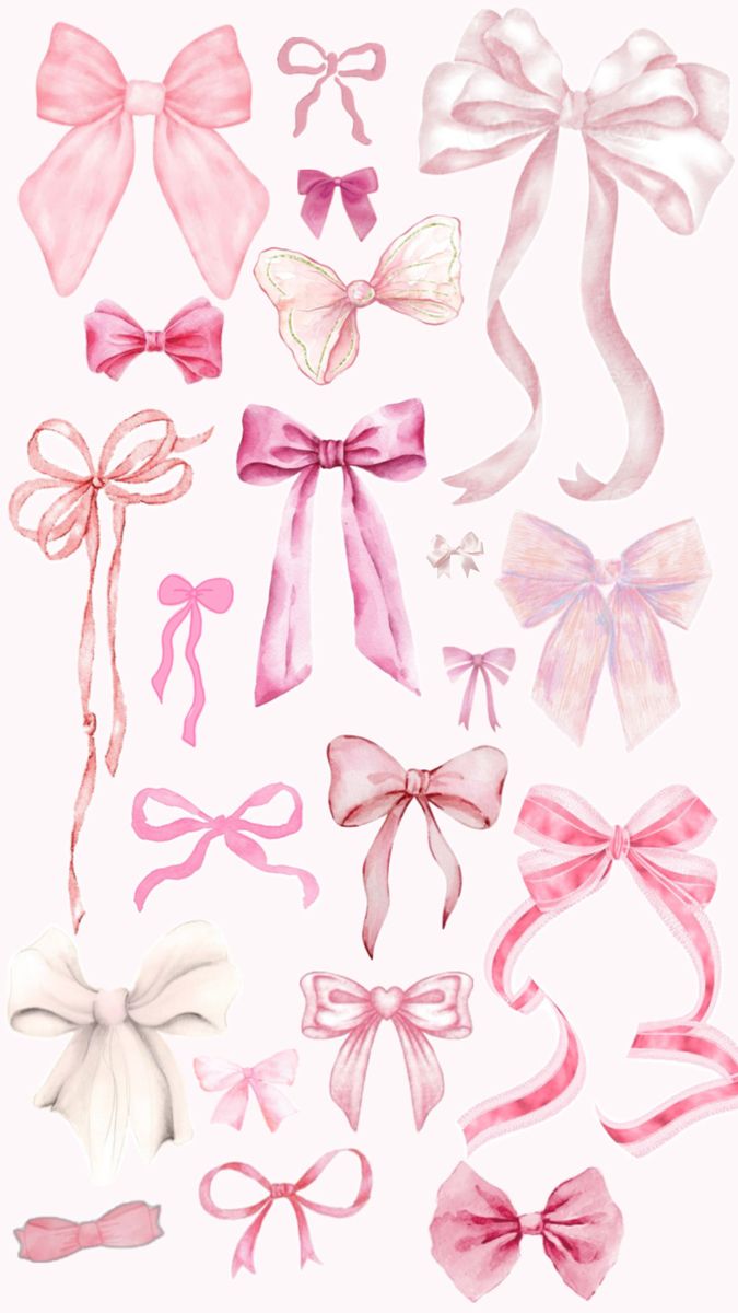 pink bows and ribbons are arranged on a white background