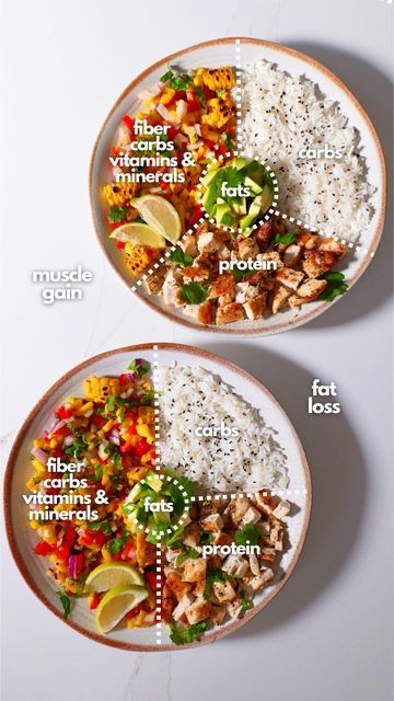 two plates filled with rice, meat and vegetables on top of each other next to the words