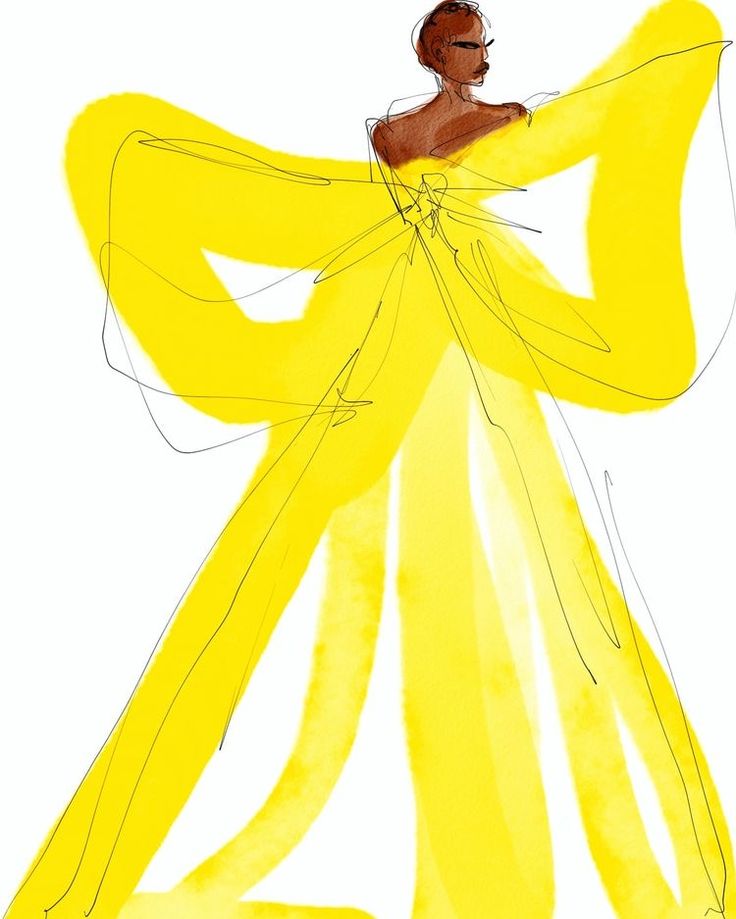 a drawing of a woman in a yellow dress with her arms spread out to the side