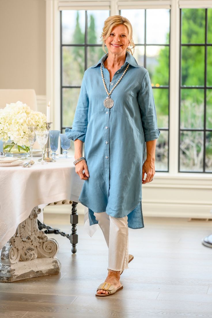 Indulge in luxury with our Monica Shirt Dress, crafted from 100% linen. This timeless piece features long sleeves, a collared neckline and a button-up front the can be worn as a shirt dress or as a duster. It could also work as a swimsuit coverup. We love this piece for its versatility and is the perfect travel partner. Made in Ukraine Elegant Linen Dress For Daywear, Chic Button-up Linen Dress For Daywear, Chic Long Sleeve Linen Dress With Buttons, Long Sleeve Linen Dress With Button Closure, Spring Linen Shirt Dress With Button Cuffs, Long Sleeve Linen Shirt Dress With Placket, Linen Long Sleeve Shirt Dress With Placket, Linen Shirt Dress With Button Cuffs For Spring, Classic Long Sleeve Linen Dress