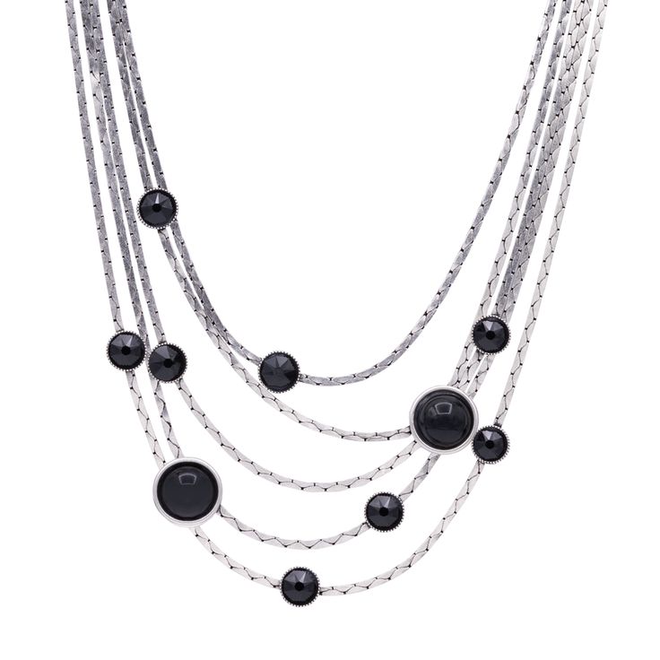 Layered chain silver necklace with black crystals Modern Metal Necklace With Beaded Chain, Modern Metal Necklaces With Beaded Chain, Black Chain Necklaces For Layering, Elegant Layered Metal Chain Necklace, Modern Black Jewelry With Double Chain, Elegant Black Layering Necklaces, Elegant Black Crystal Necklace With Clavicle Chain, Black Crystal Jewelry With Chain, Elegant Black Double Chain Layered Necklace