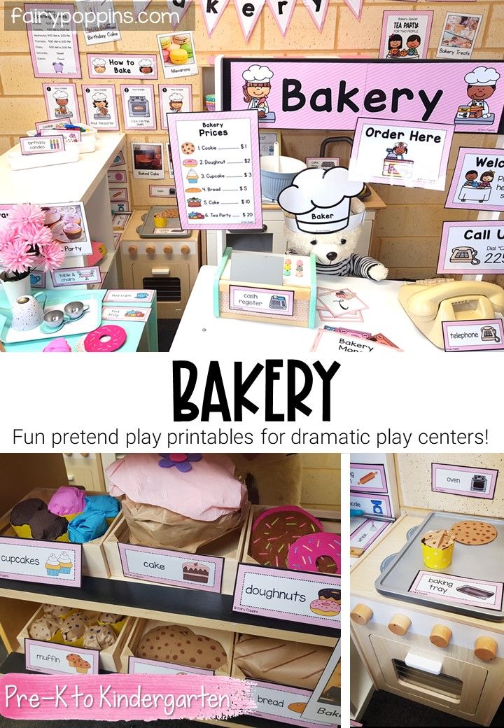 there are pictures of different activities in the playroom for children to learn how to bake