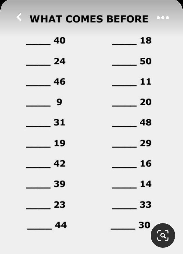 what comes before? worksheet for students to practice numbers and subtractions