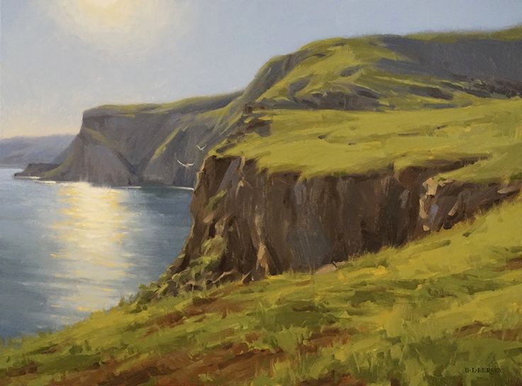 an oil painting of a cliff overlooking the ocean