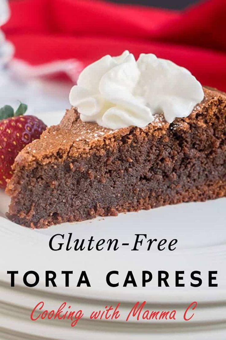 a slice of gluten - free torta caprese cake with whipped cream on top