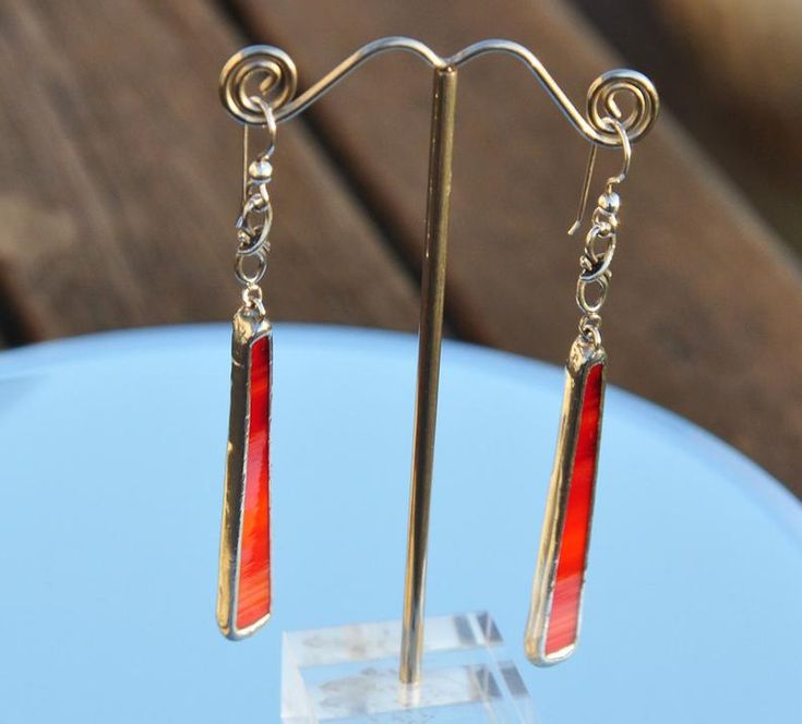 Glass orange & red dangle earrings | Etsy Red Long Drop Earrings For Gift, Red Long Drop Earrings As Gift, Red Long Drop Earrings With Ear Wire, Stained Glass Crafts, Diy Wire Jewelry, Stained Glass Patterns, Etsy Earrings Dangle, Earrings Etsy, Glass Crafts