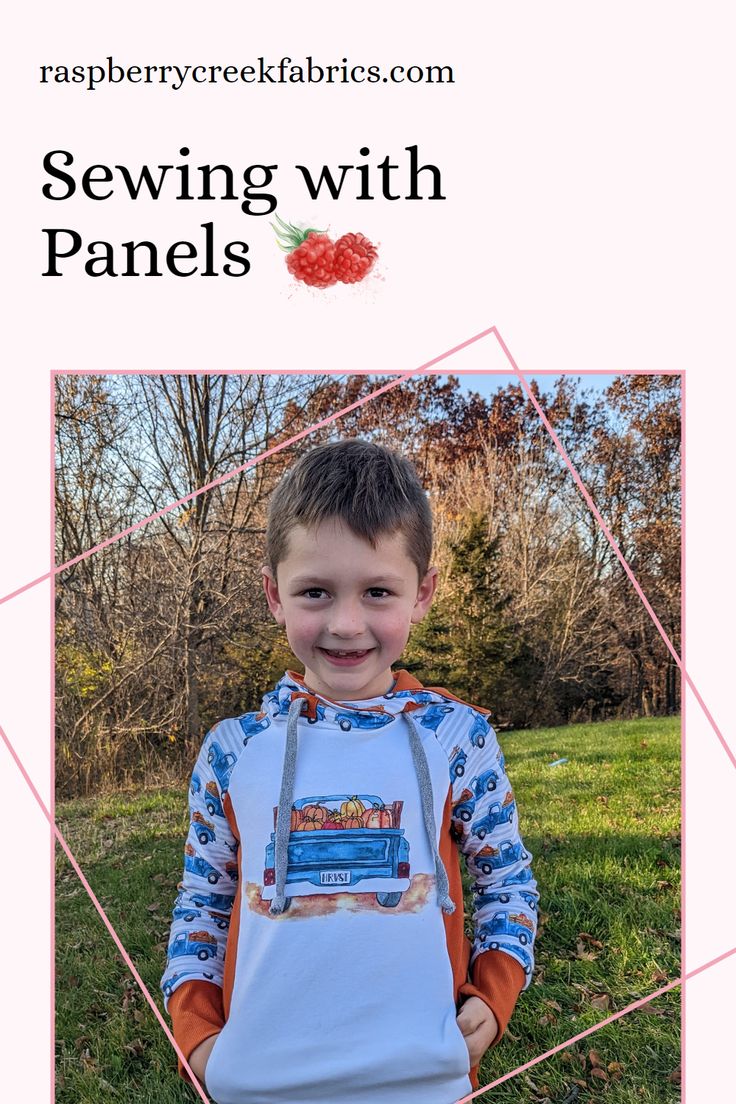 a young boy wearing an apron with the words sewing with panels on it and a photo of