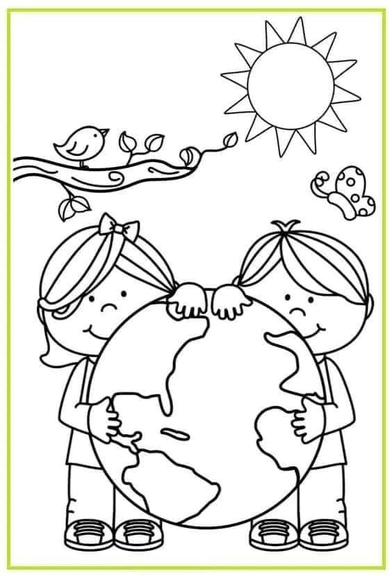 two children hugging each other while holding the earth in their hands with birds flying above them