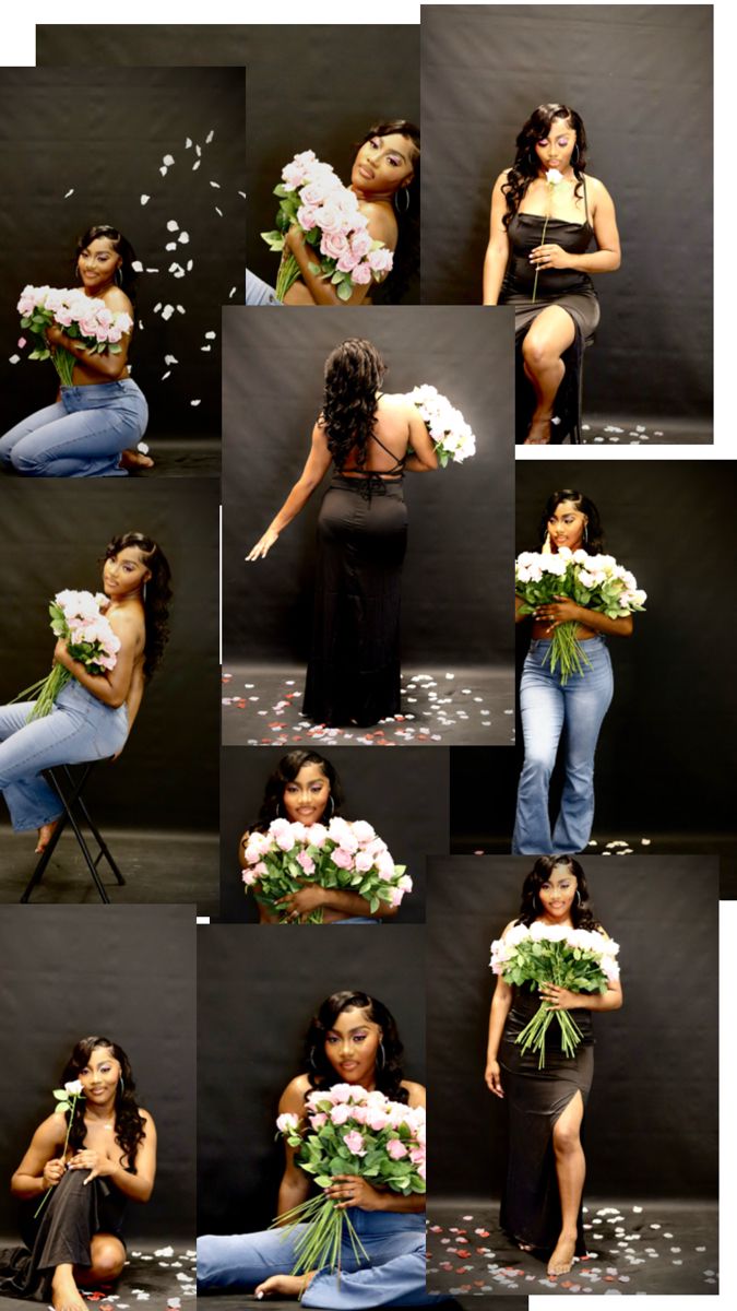 a collage of photos with different women holding flowers and confetti in their hands