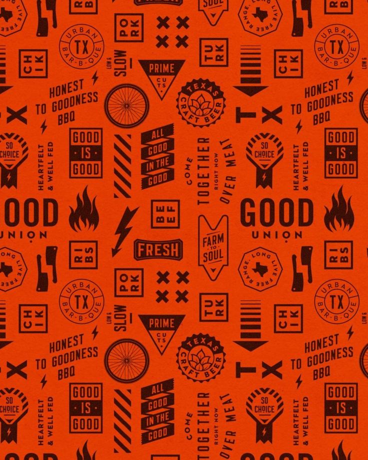 an orange background with black and white logos