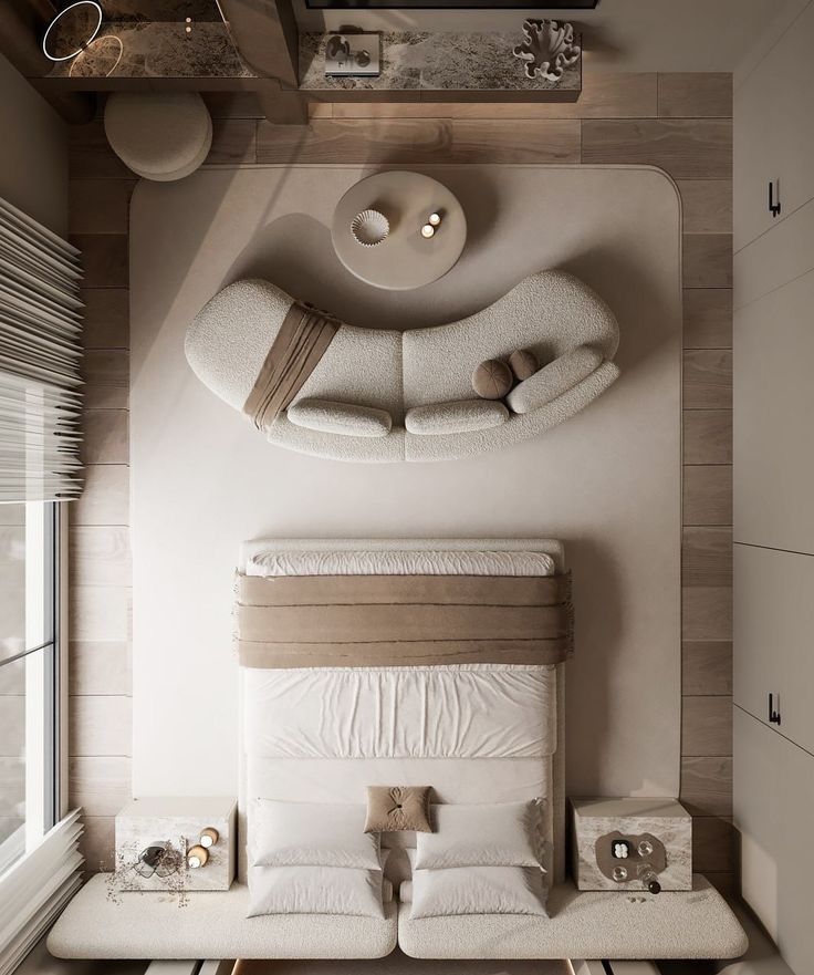 an overhead view of a modern bedroom with white furniture and wood accents on the walls