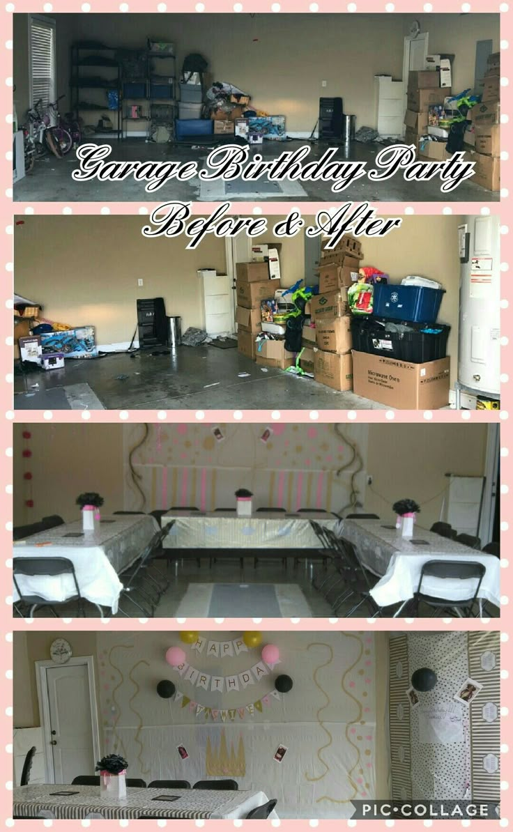 there are pictures of the inside of a party room with balloons and confetti