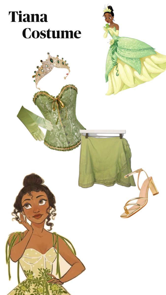 an advertisement for the princess and the frog costume is shown in three different colors, including green