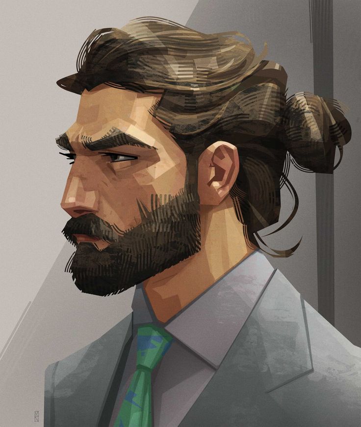 a digital painting of a man in a suit and tie with his hair pulled back