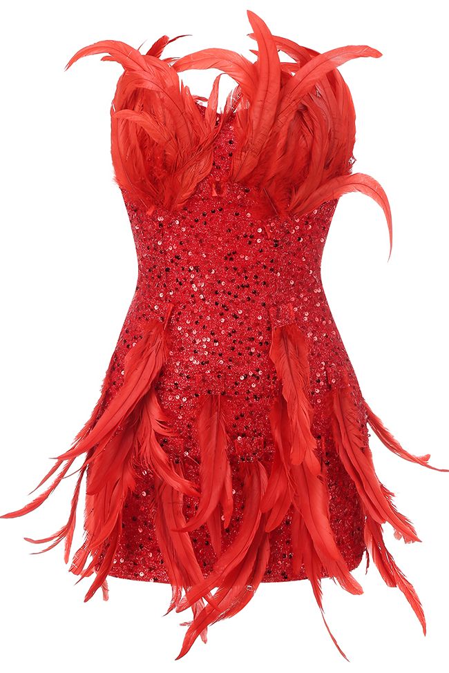 Strapless Feather Sequin Dress Red DESIGN: Color: Red Strapless design Sleeveless Feather detail Sequined Lined Allover bandage construction Concealed zipper at back Body sculpting design Stretch Type: Stretchy Gentle Dry Clean Only Length: Mini. Above knee MATERIAL: Polyester + Spandex High quality durable fabric. High elasticity for a better fit. Delicate sewing and hemming by durable needle lockstitch machine. YKK zipper (known as the most durable and reliable zippers manufactured today). To maintain the beauty of your garment, please follow the care instructions on the attached label. Colour may vary due to lighting on images. The product images (without model) are closest to the true colour of the item.     * Order one size up for a relaxed fit. * Pay special attention Tube Gown, Embellished Party Dress, Embellished Mini Dress, Evening Wear Dresses, Feather Trim, Prom Outfits, Strapless Mini Dress, Sequin Mini, Sequin Mini Dress