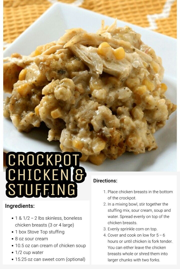 the recipe for crockpot chicken and stuffing is shown in this brochure