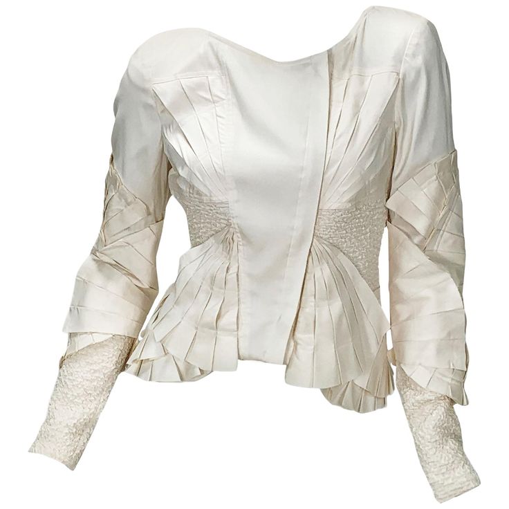 Tom Ford for Gucci Silk Fan Pleated Fitted Jacket Blazer S/S 2004 Runway Collection Designer size 40 - US 4 Off-White Color Stretch Silk, Fan Designed 3D Applications, Front Hidden Copper Zipper, Fully Lined in Stretch Silk. Measurements approx,: Length - 19" ( front ), 22" ( side ), Bust - 32", Waist - 26", Sleeve - 25". Made in Italy. Excellent Condition. Gucci Blazer, Tom Ford For Gucci, 2004 Runway, Color Block Coats, Versace Jacket, White Runway, Carolyn Murphy, Pleated Jacket, Color Block Jacket