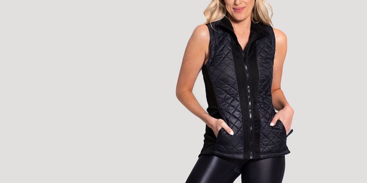 The perfect layering item to bring you from your workout to coffee to grocery shopping. Quilted fabric in diamond design Knit side panel for a flattering fit Zip pockets Winter Stretch Nylon Vest, Fall Nylon Vest For Layering, Nylon Vest For Layering In Fall, Layering Sweater Vest With Pockets, Fall Stretch Vest For Layering, Stretch Vest For Fall Layering, Fall Layering Nylon Vest, Black Sleeveless Nylon Vest, Fall Nylon Sleeveless Vest