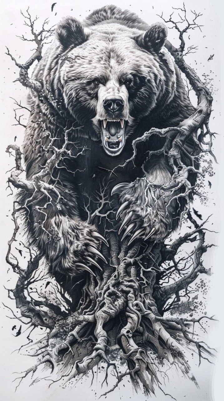 a drawing of a grizzly bear with its mouth open and tree roots in the foreground