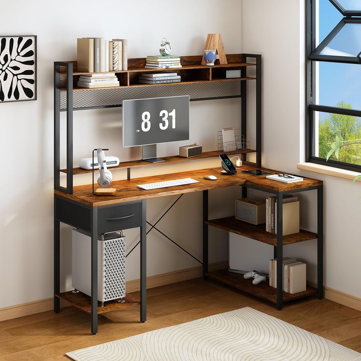 a computer desk with an open shelf on top and a number sign above the table