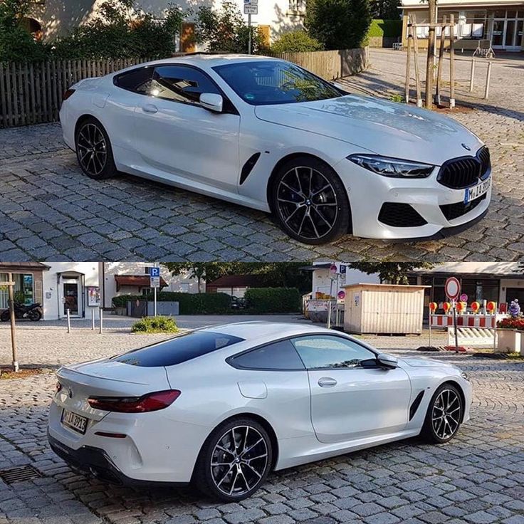 two pictures of a white sports car parked in front of a building