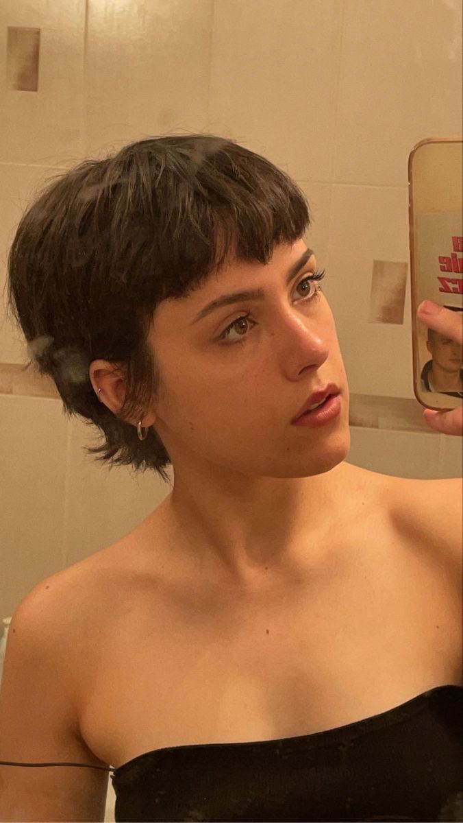 Pixy Mullet, Short Hairstyle Women Micro Bangs, Pixie Shag Straight Hair, Short Bob Mullet, Super Short Brown Hair, Womens Mullet Short, Women’s Short Mullet, Pixie Cut Grow Out, Mullet Short Women