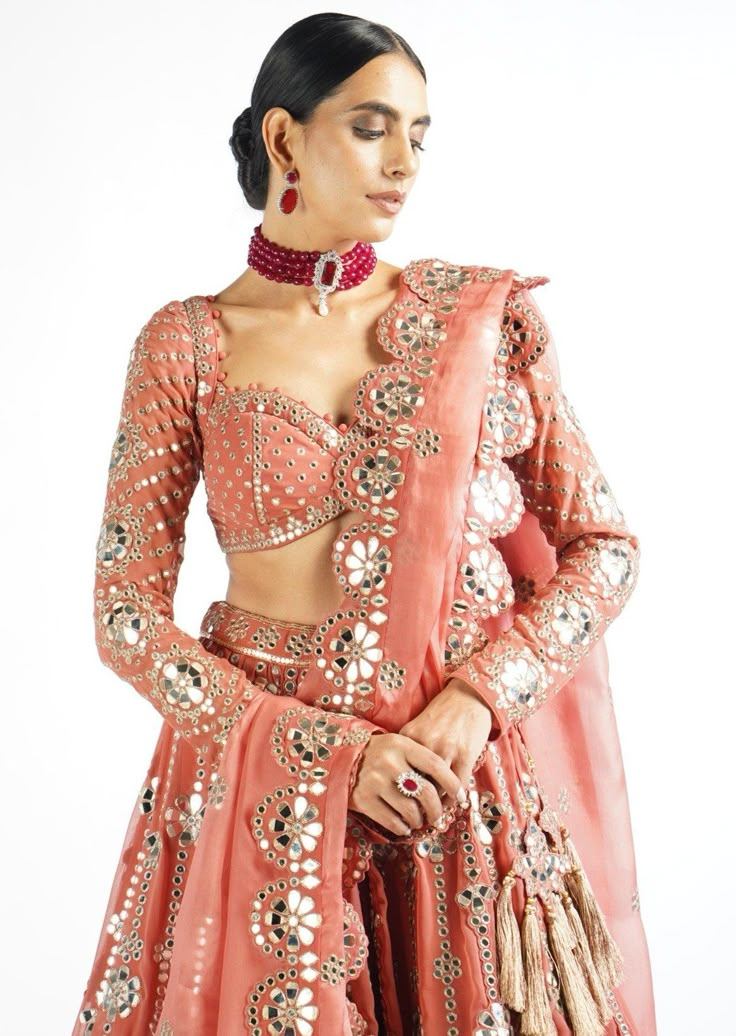 Fully embellished with real hand cut mirror and zari lehenga and dupatta with scallop border clubbed with a fully embellished mirror work blouse. Zari Lehenga, Peach Lehenga, Vani Vats, Blouse Yoke, Blouse Lehenga, Lehenga Dupatta, Scallop Border, Mirror Work Blouse, Organza Blouse