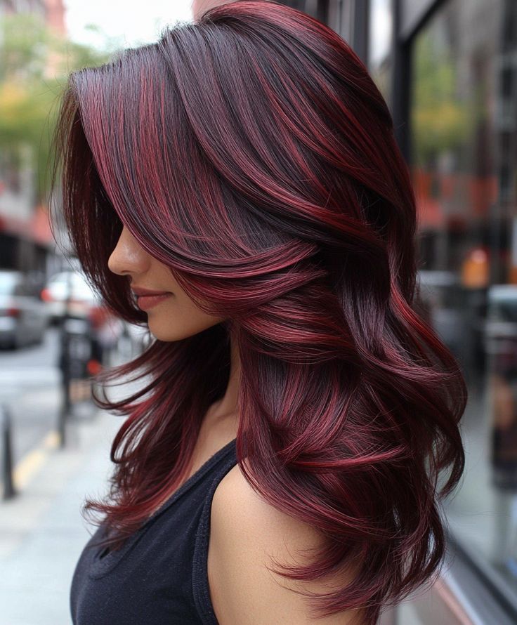 Cherrywood Hair Color Red Hair With Depth, Womens Auburn Hair Color, Dark Red And Dark Brown Hair, Brown And Violet Hair, Red Hair To Brown Before And After, Burgundy Hair Color With Highlights, Brown And Red Hair Ideas, Balayage Burgundy Hair, Cheery Red Hair Colour