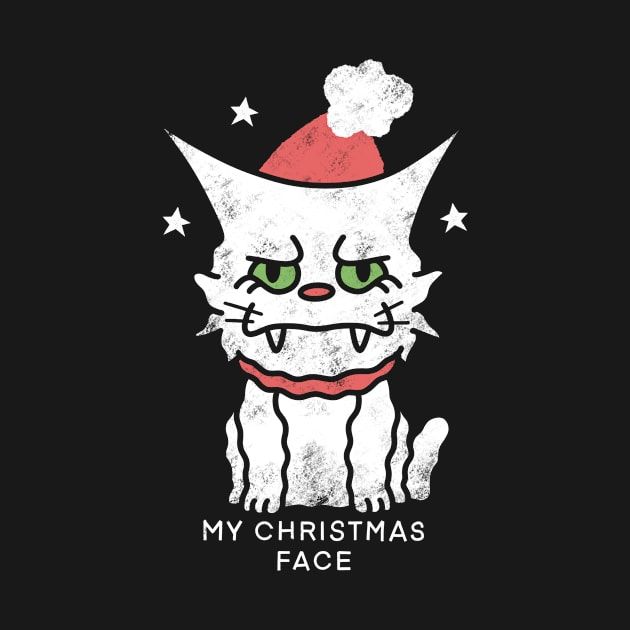 a white cat with green eyes wearing a red santa hat and the words, my christmas face