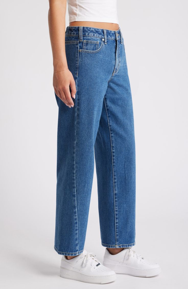 Take it easy in relaxed straight-leg jeans featuring asymmetric seams and made from nonstretch denim for an authentic look. 29" inseam; 17 1/2" leg opening; 10 3/4" front rise; 15 1/2" back rise Zip fly with button closure Five-pocket style 85% cotton, 15% viscose Machine wash, tumble dry Imported Classic Medium Wash Cropped Leg Flare Jeans, Classic Cropped Leg Medium Wash Flare Jeans, Classic Cropped Leg Flare Jeans In Medium Wash, Classic Cropped Leg Denim Flare Jeans, Medium Wash Cropped Mom Jeans, Medium Wash Mom Fit Flare Denim Jeans, Medium Wash Mom Fit Cropped Jeans, Mom Fit Cropped Leg Medium Wash Jeans, Spring Cropped Jeans In Recycled Denim With Straight Hem