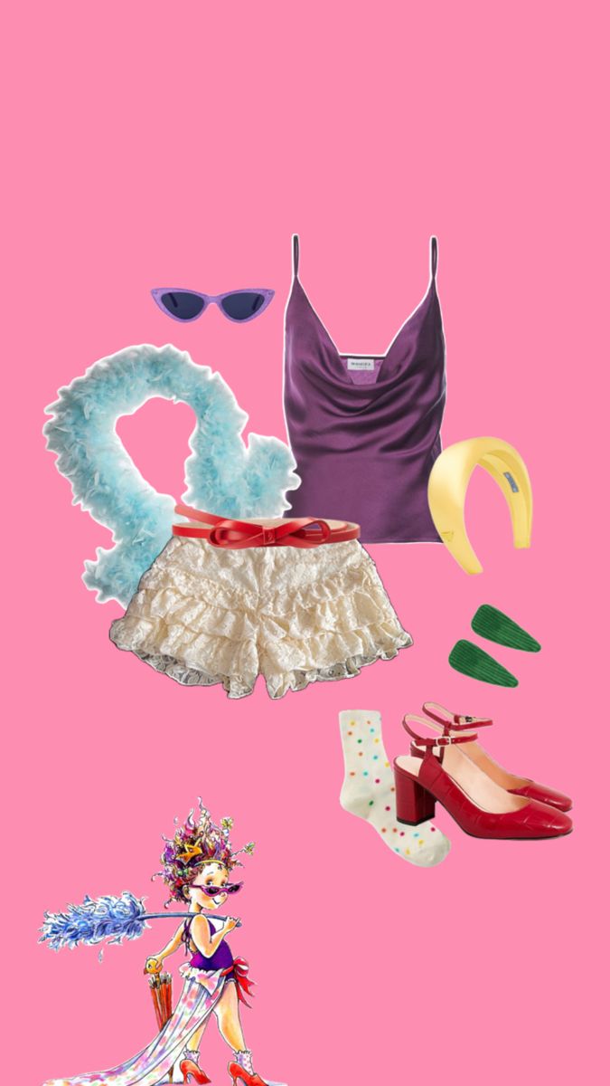 an assortment of women's clothing and accessories on a pink background