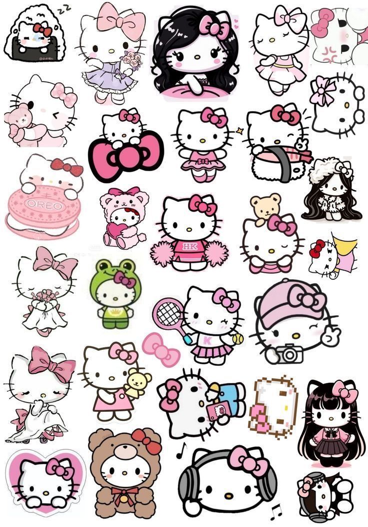 a bunch of hello kitty stickers on a white background