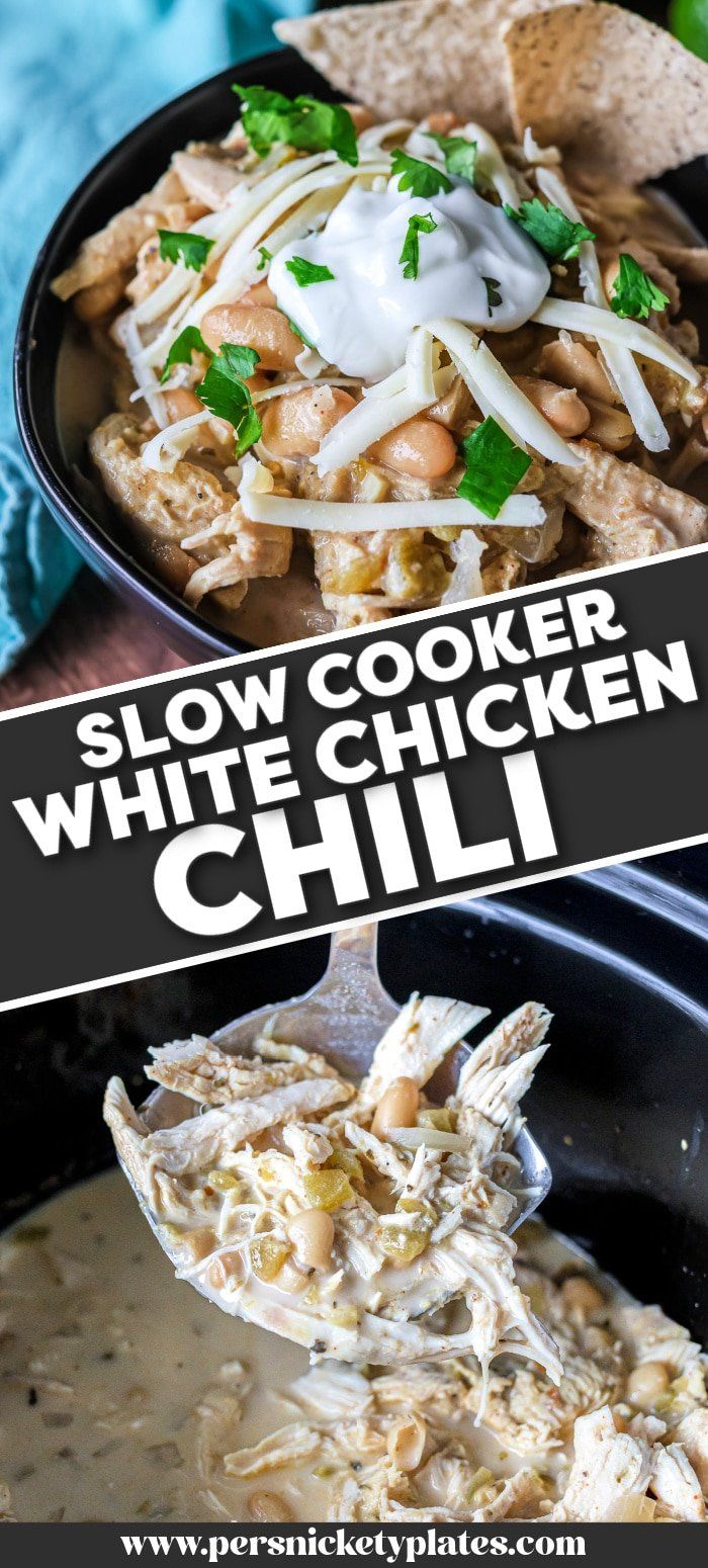 slow cooker white chicken chili in a bowl with tortilla chips