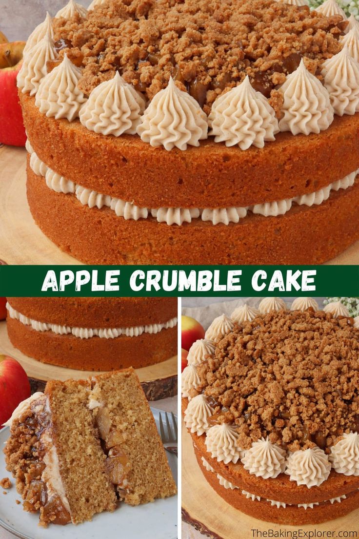 there is a cake with apples and crumbled toppings on the top layer