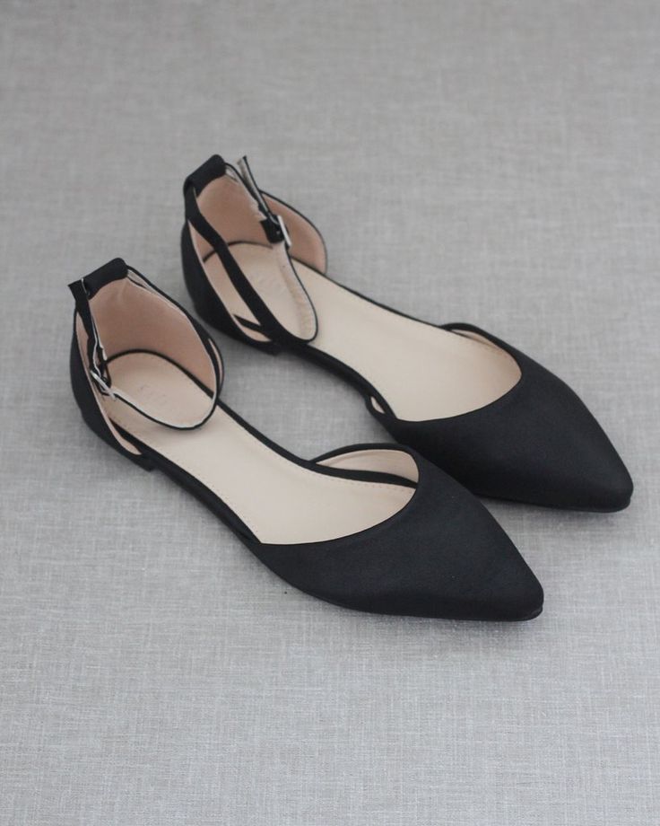 BLACK Satin Pointy Toe Flats, Wedding Shoes, Bridesmaids Shoes, Evening Shoes – Kailee P. Inc. Womens Formal Shoes, Flats With Ankle Strap, Wedding Footwear, Bridesmaids Shoes, Blouse Back Neck Designs, Look Formal, Black Flats Shoes, Pointy Toe Flats, Bridesmaid Shoes