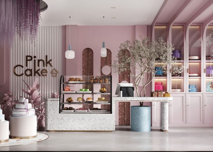 the interior of a pink cake shop