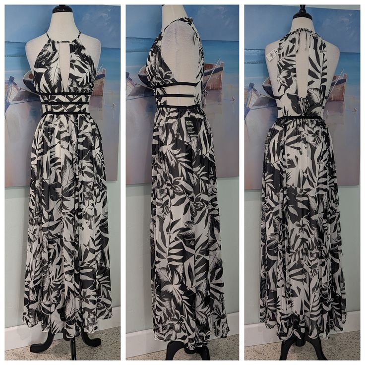 Gorgeous! Express Maxi In Black And White Tropical Foliage Print, Halter Style Top That Ties Around Neck, Deep V-Neck And Straps Around Midsection With Cut-Out In Between. Lightweight Chiffon Top Layer Over White Lining. Slips On, Size Small. Lined Black Maxi Dress For The Beach, Black Lined Maxi Dress For The Beach, Black And White Tropical, Foliage Print, Neck Deep, Tropical Foliage, Halter Style, Express Dresses, Chiffon Top