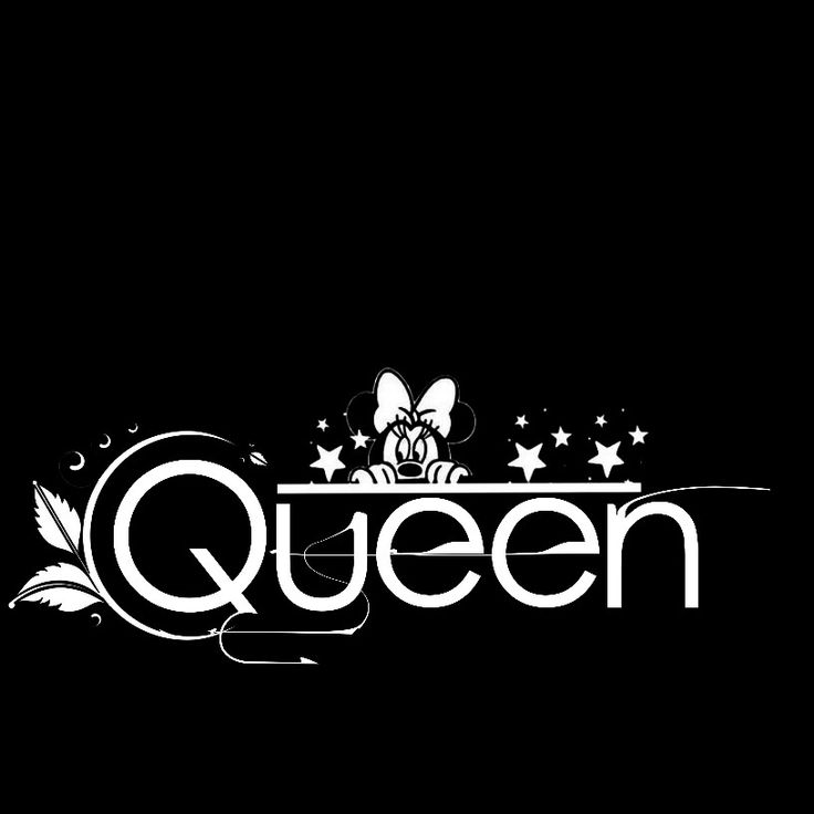 the word queen is written in white on a black background with stars and swirls