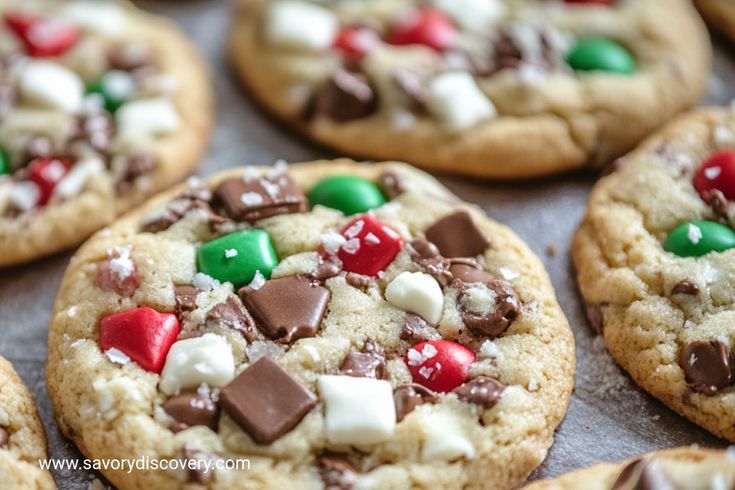 chocolate chip cookies with candy and marshmallows on top