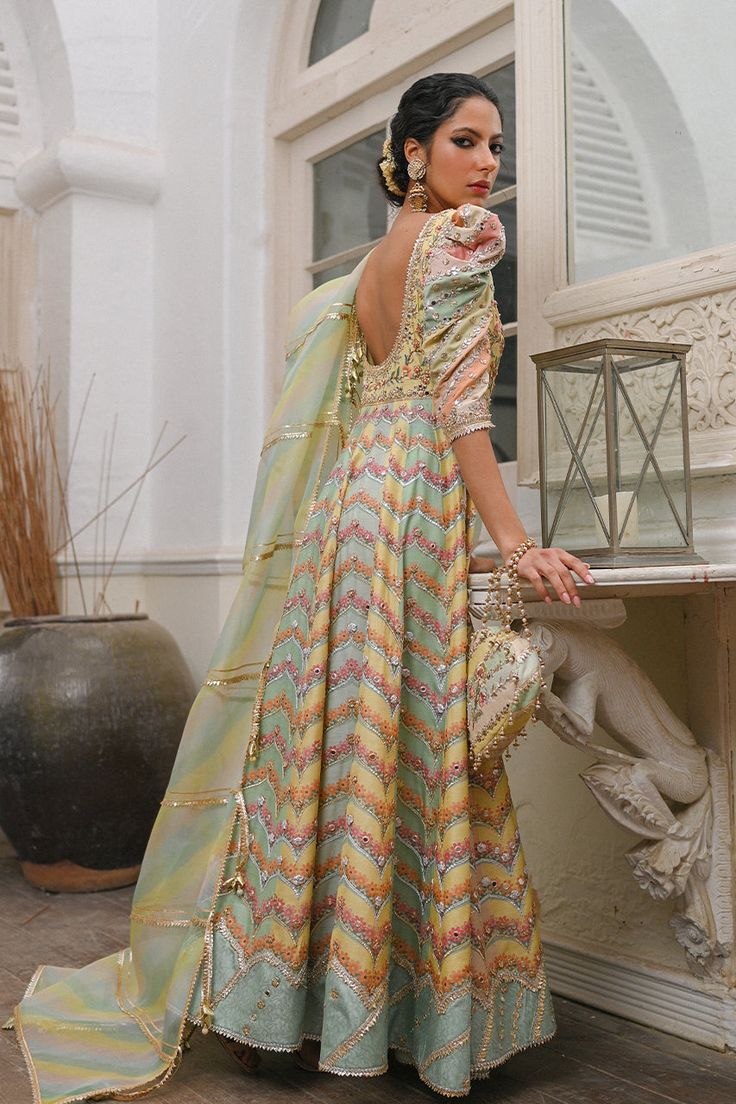 Talia – Sania Maskatiya International Bohemian Gota Work Dupatta Designer Wear, Bohemian Gota Work Dupatta For Designer Wear, Bohemian Designer Dupatta With Gota Work, Bohemian Pista Green Anarkali Set With Dupatta, Multicolor Georgette Anarkali Set With Gota Work, Bohemian Chanderi Anarkali Set With Gota Work, Multicolor Fusion Style Georgette Dupatta, Festive Fusion Style Sheer Dupatta, Multicolor Organza Anarkali Set For Navratri