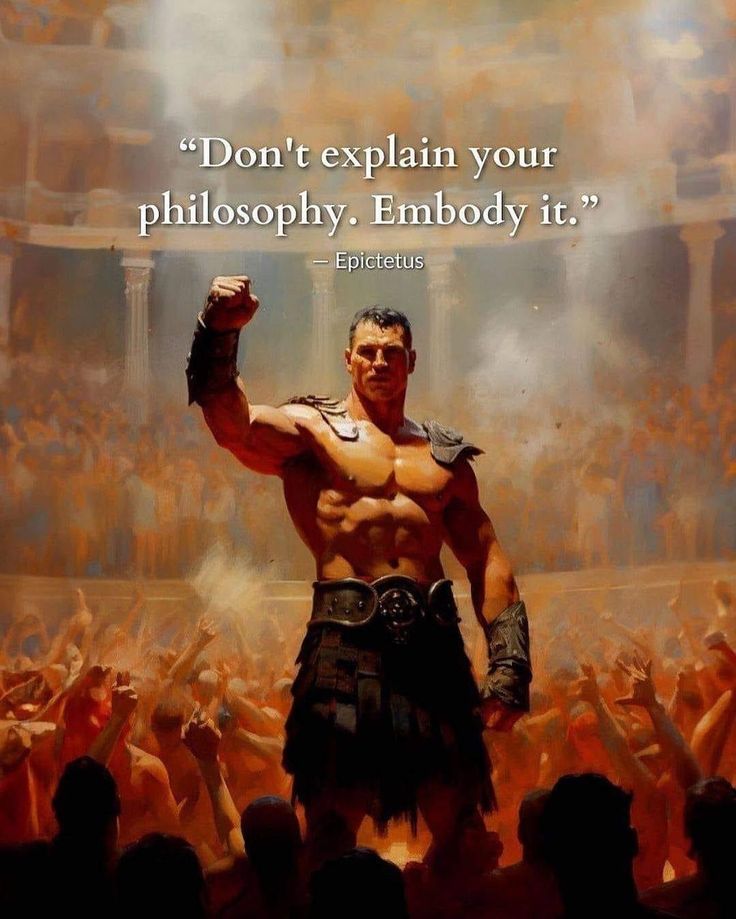 a man standing in front of a crowd with his arms up and the words, don't explain your philosophy, embody it