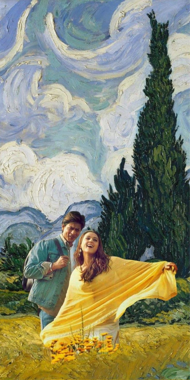 a painting of two people standing in a field