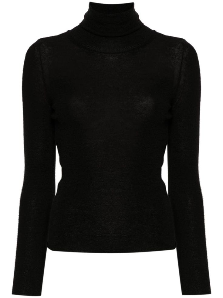 black cashmere-silk blend fine knit high neck long sleeves straight hem High Neck Cashmere Sweater In Fine Knit, Luxury Fine Knit Winter Tops, Fine Knit Mock Neck Top For Fall, Elegant Long Sleeve Mock Neck Top For Winter, Winter Fine Knit Mock Neck Top, Winter Fine Knit High Neck Mock Neck Top, Cashmere High Neck Turtleneck, High Neck Cashmere Sweater, Luxury Black Long Sleeve Sweater