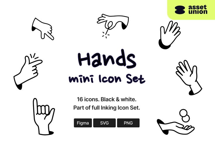 the hands mini icon set is shown in black and white