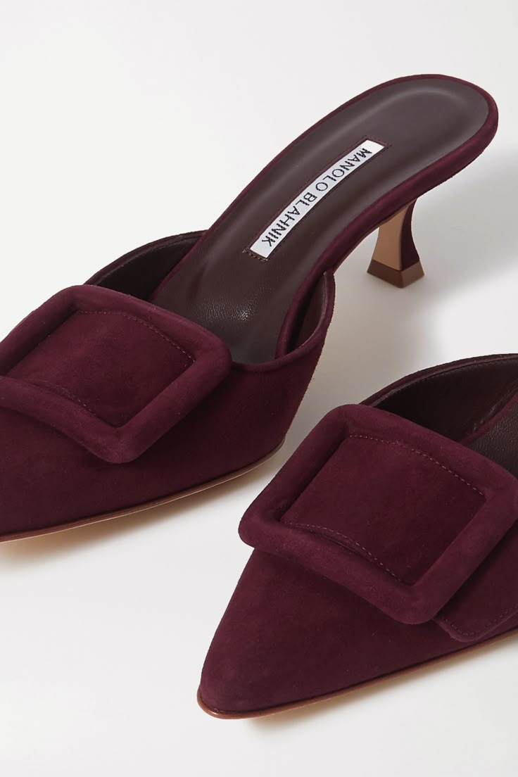 Burgundy Maysale buckled suede mules | Manolo Blahnik | NET-A-PORTER Manolo Blahnik Mules, Manolo Blahnik Maysale, Mode Shoes, Manolo Blahnik Shoes, Heel Mules, Suede Mules, Sarah Jessica Parker, Carrie Bradshaw, Shoe Closet