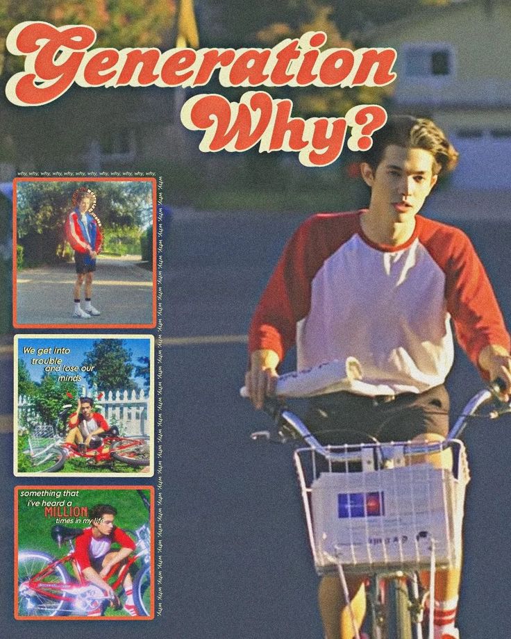 a man riding a bike down a street next to a sign that says generation why