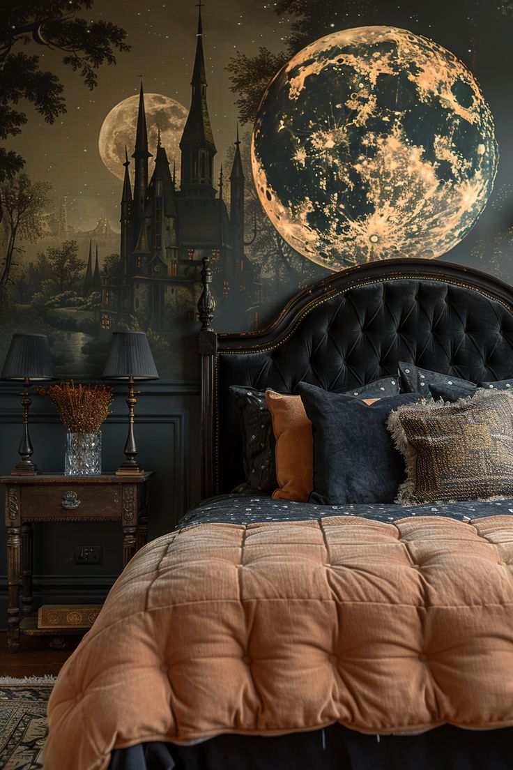 goth bedroom, whimsy home decor, bedroom ideas, dark bedroom Goth Rooms Bedrooms, Antique Gothic Bedroom, Goth Modern Bedroom, Dark Fantasy Bedroom Aesthetic, Goth Master Bedrooms Decor, Black Goth Bedroom Ideas, Goth Green Bedroom, Gothic Romance Bedroom, Gothic Bedroom Decor Ideas