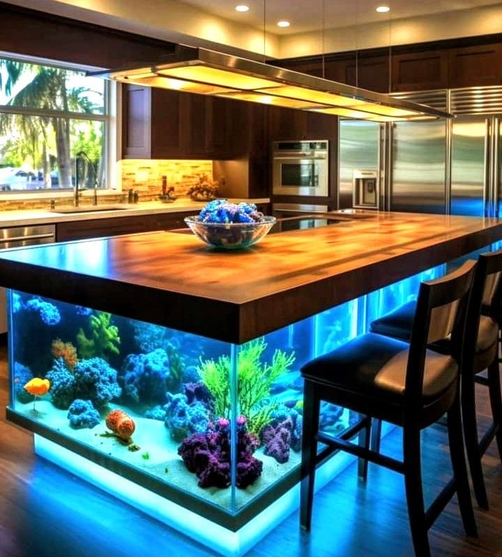 a large kitchen island with an aquarium in it